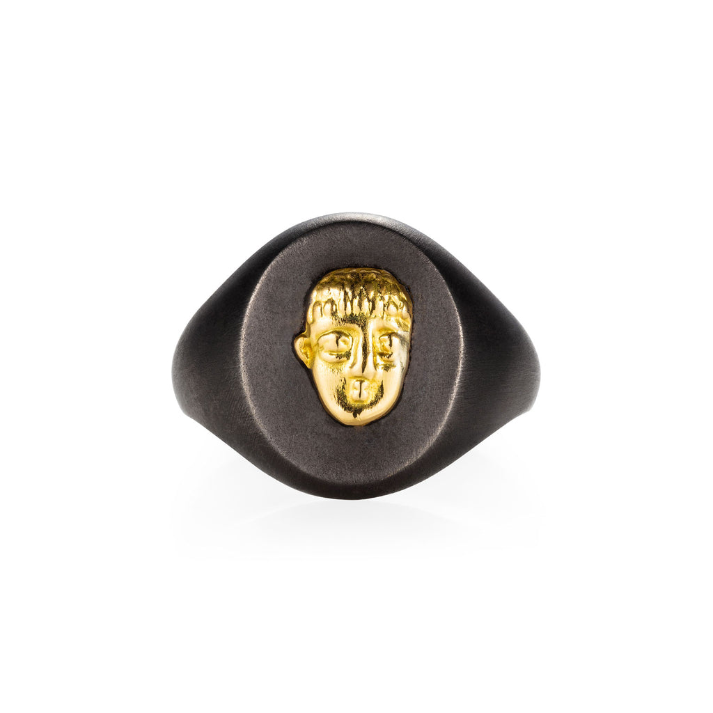 Youth Face Black Gold Signet Ring Youth Face Black Gold Signet Ring