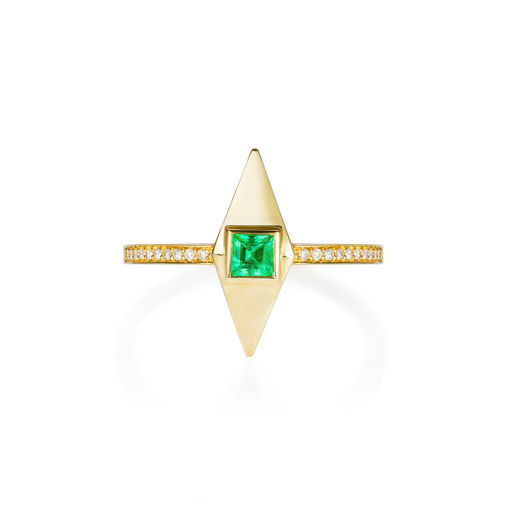 Emerald & Diamond Gold Pyramid Ring